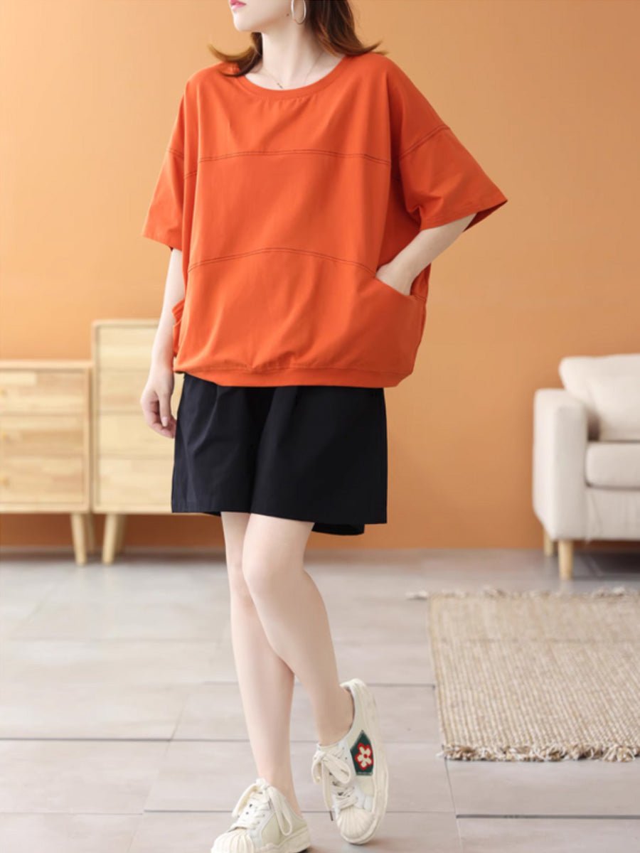 Women Summer Casual Cotton Pure Color Spliced O-Neck Shirt