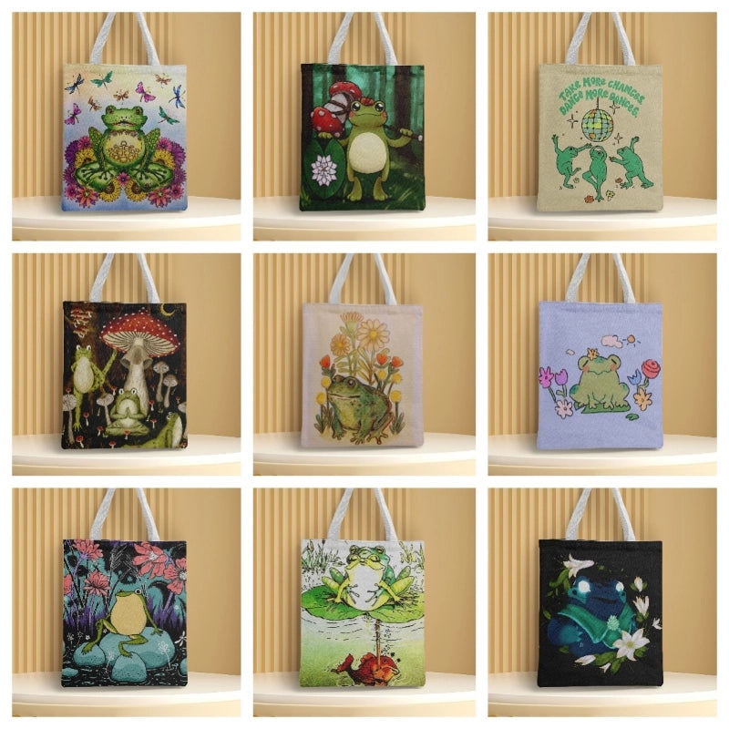 Women's Canvas Cartoon Frog Basic Classic Style Square Open Canvas Bag