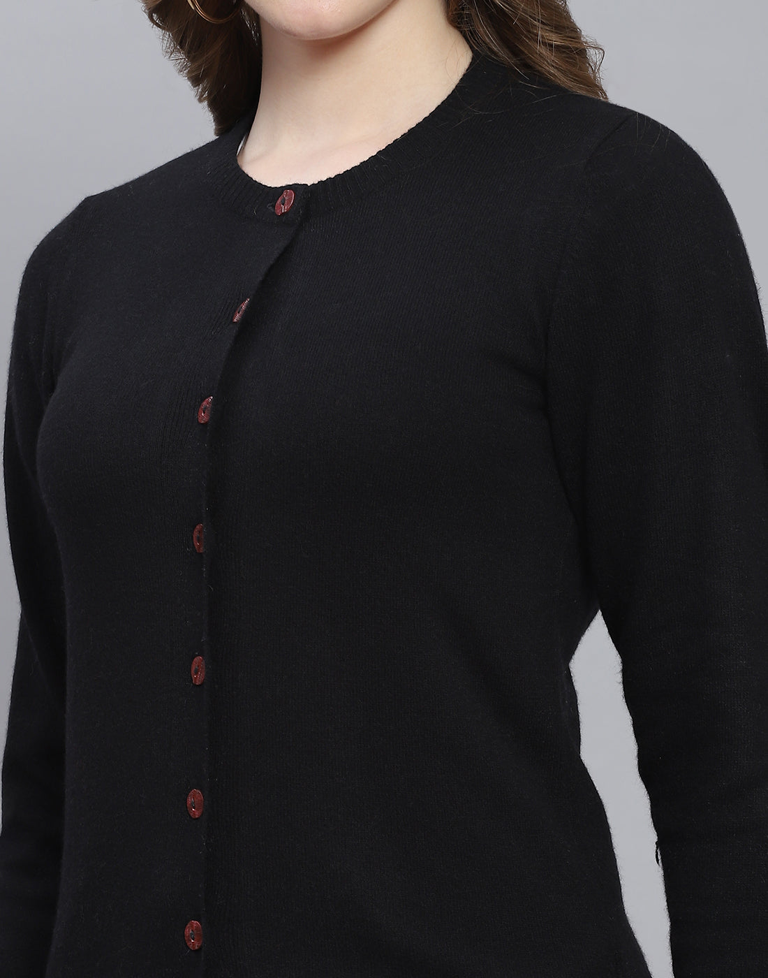 Women Black Solid Round Neck Full Sleeve Cardigan