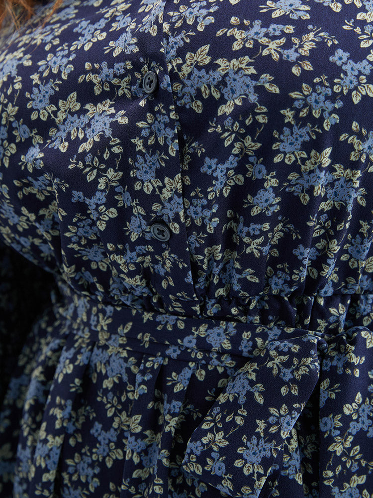 Ditsy Floral Pocket Belted Shirt Collar Dress