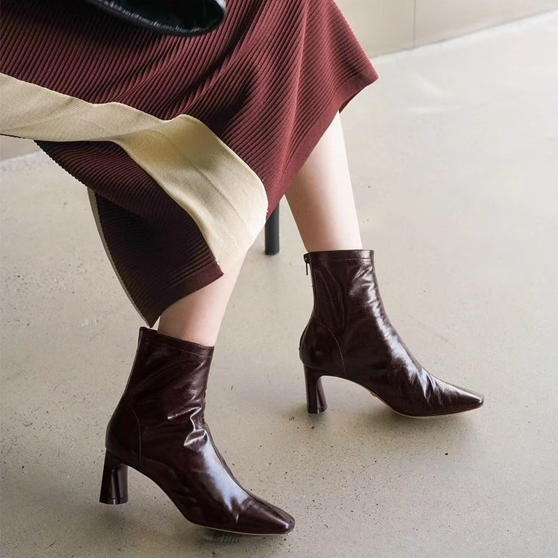 Classic Leather Slimming Boots Elegant Glove-Like Ankle Boots High Heel Back Zip Boots in Red/Black