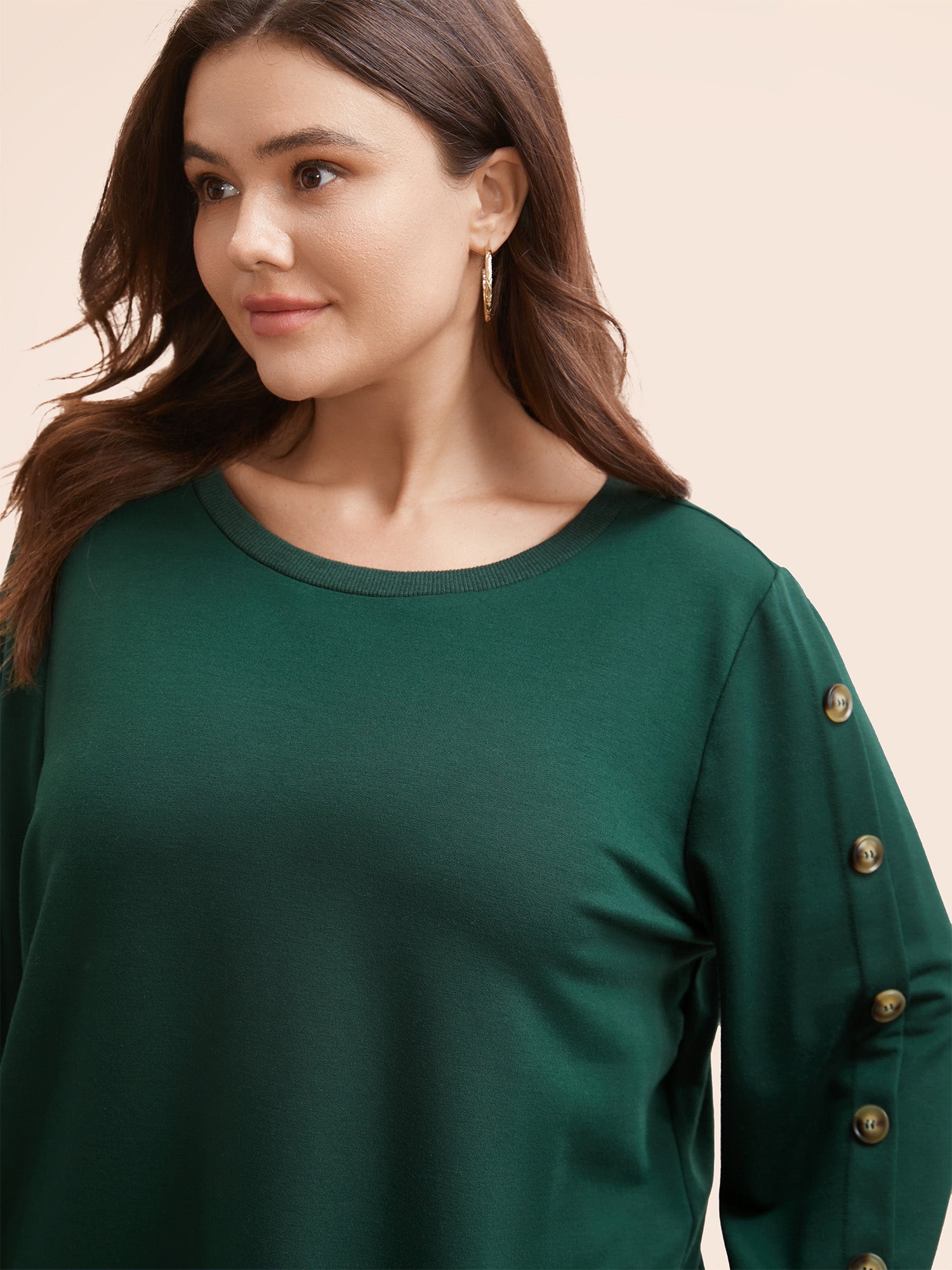 Crew Neck Patchwork Button Detail Sweatshirt