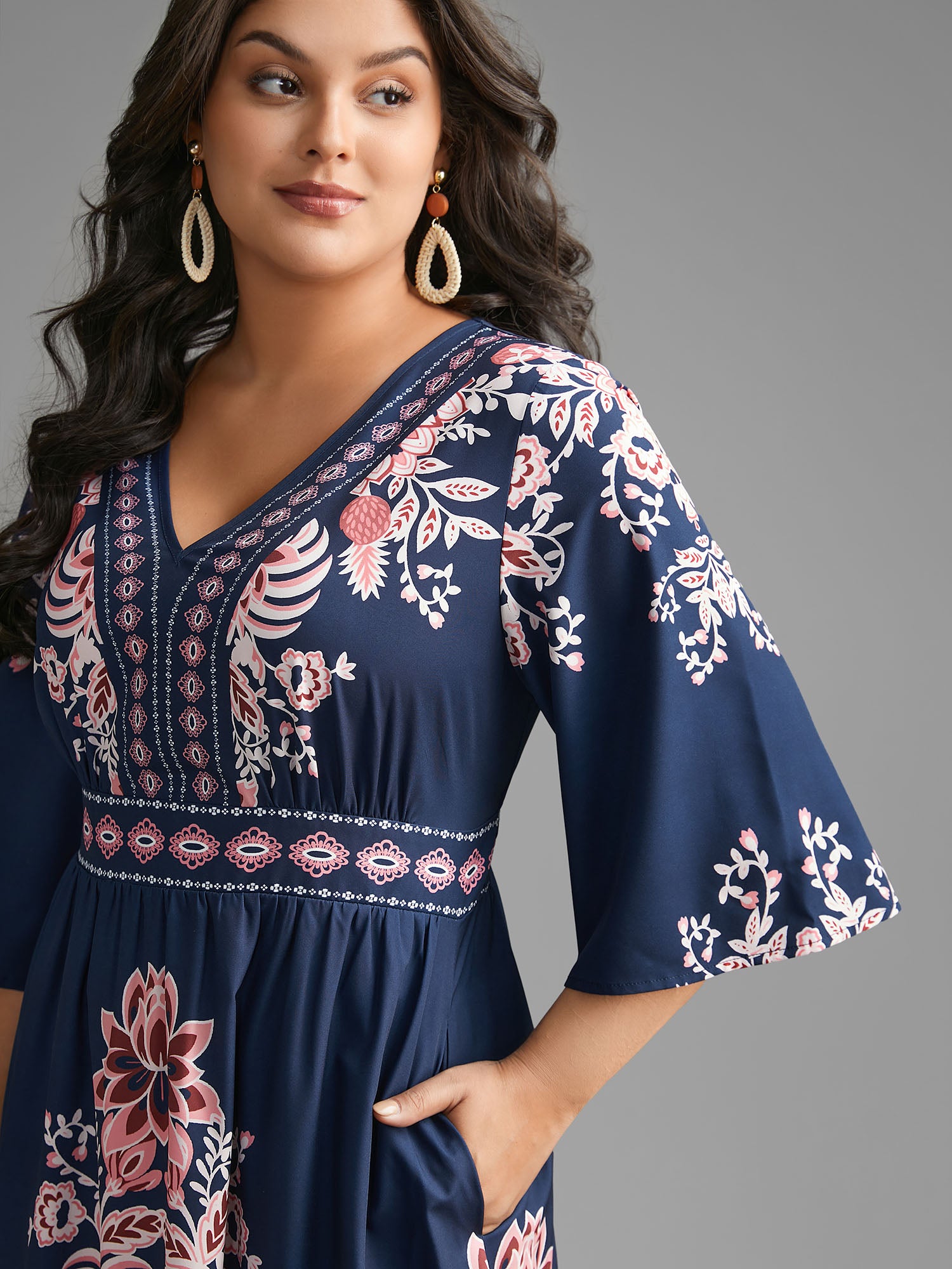 Boho Print Ruffle Sleeve Shirred Dress