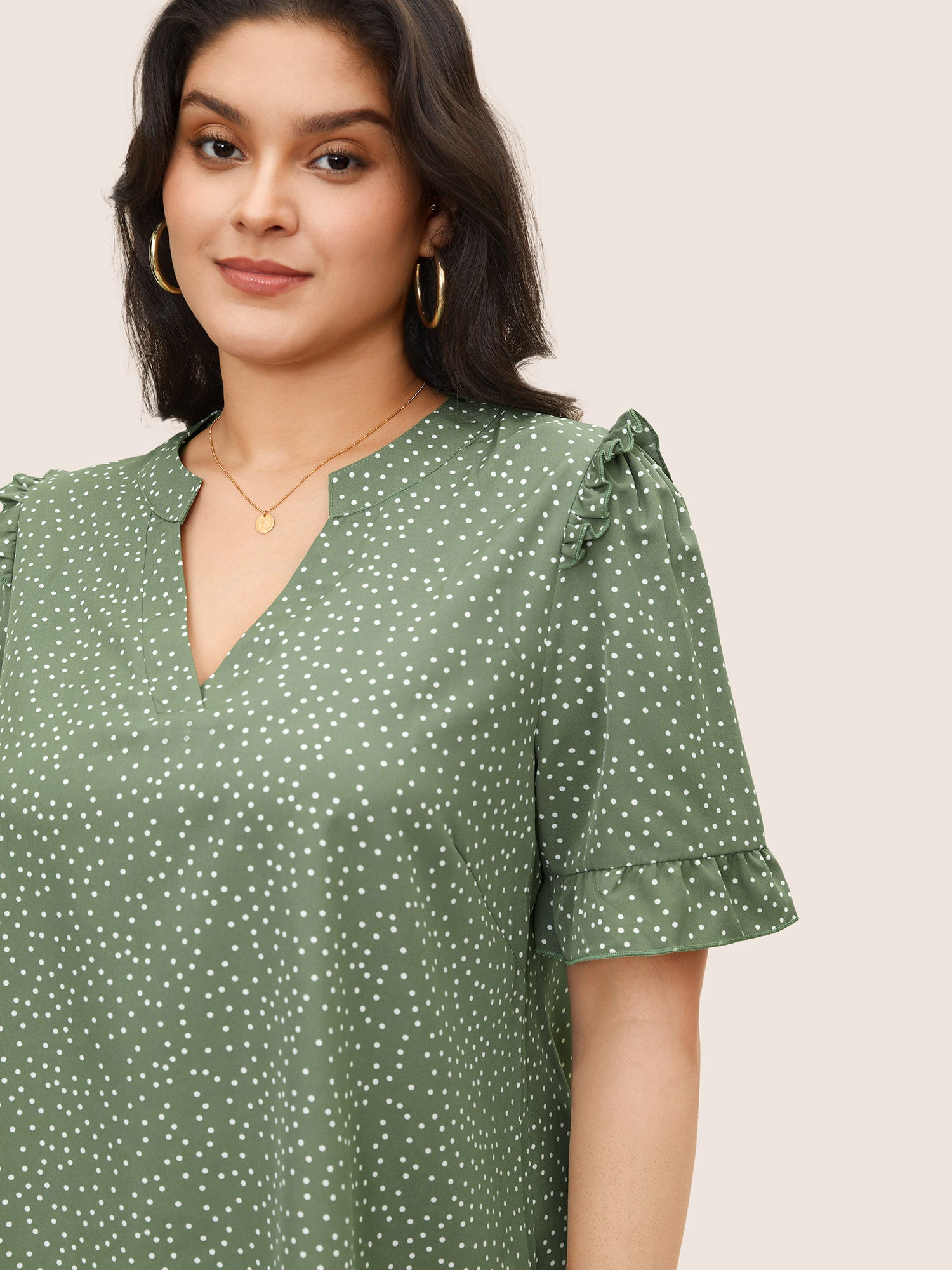 Polka Dot V Neck Ruffle Trim Blouse