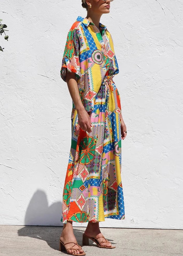 Boho Print Shirts And Maxi Skirts Two Piece Set Short Sleeve