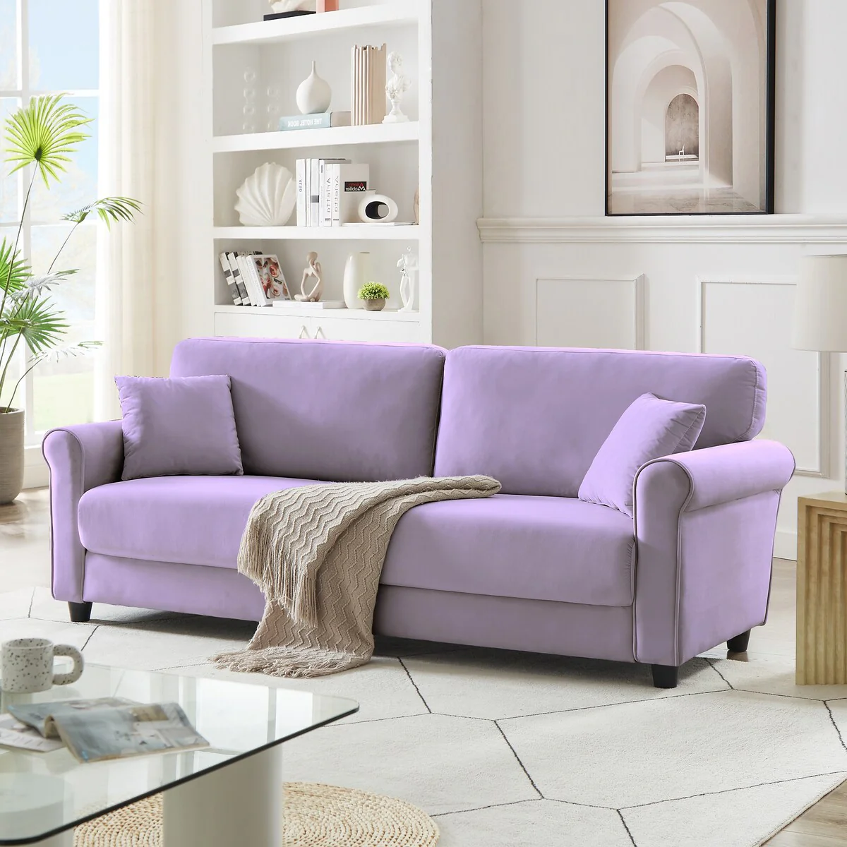 Classic Velvet Sofa Couch with Hardwood Frame, Upholstered Couch, Rounded Arms
