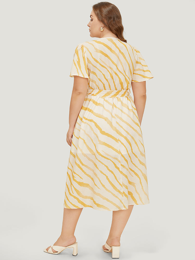 Zebra Print Wrap Pocket Belt Ruffle Sleeve Split Dress