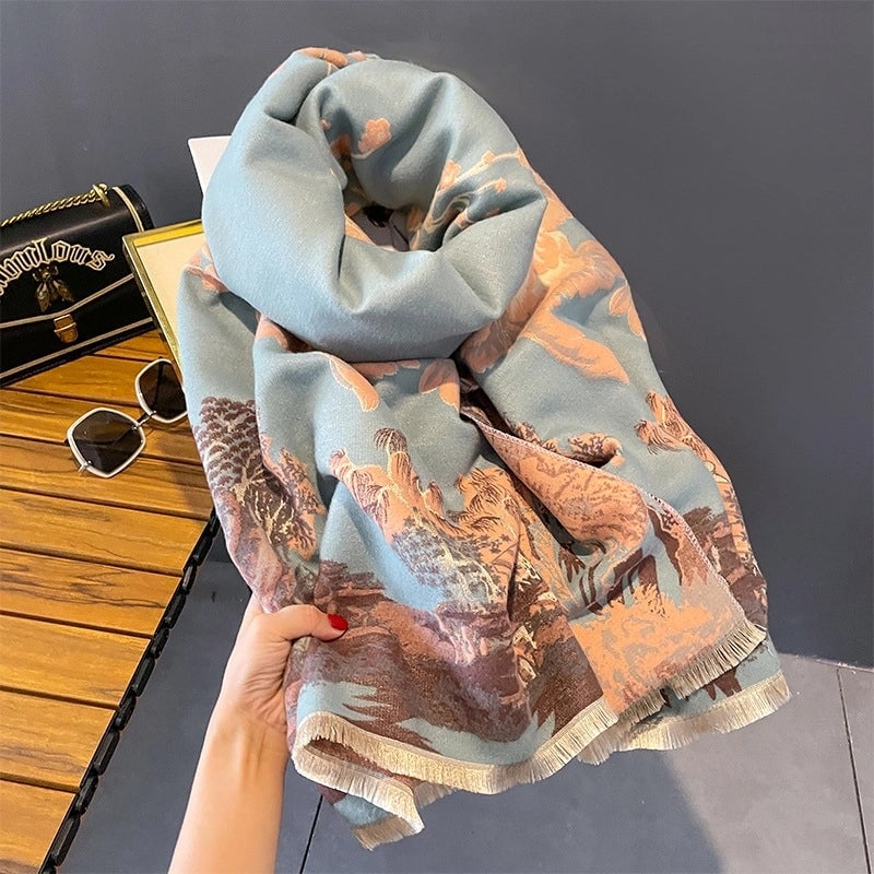 Women's Elegant Minimalist Landscape Imitation Cashmere Tassel Scarf