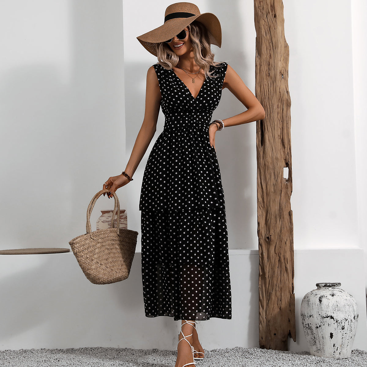 Fashion Polka Dots Print V Neck Maxi Dress