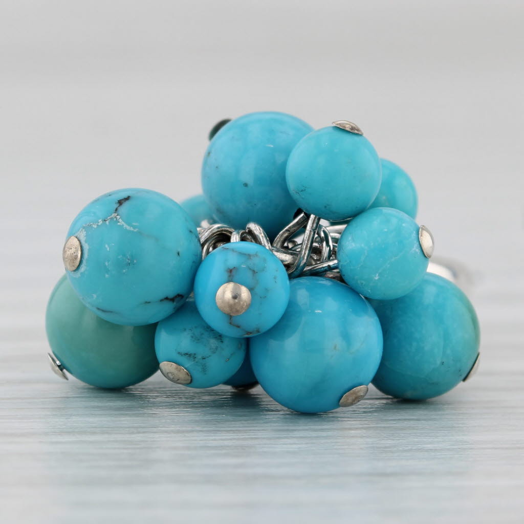 Turquoise Bead Cluster Ring Sterling Silver Size 6 Band Statement