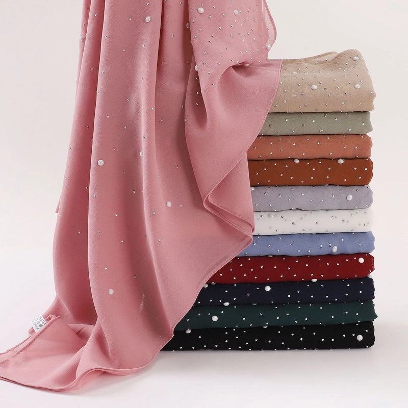 Pearl Chiffon Ceramic Gypsophila Hot Drill Long Scarf Hui Scarf Indonesia Middle East Africa Turban