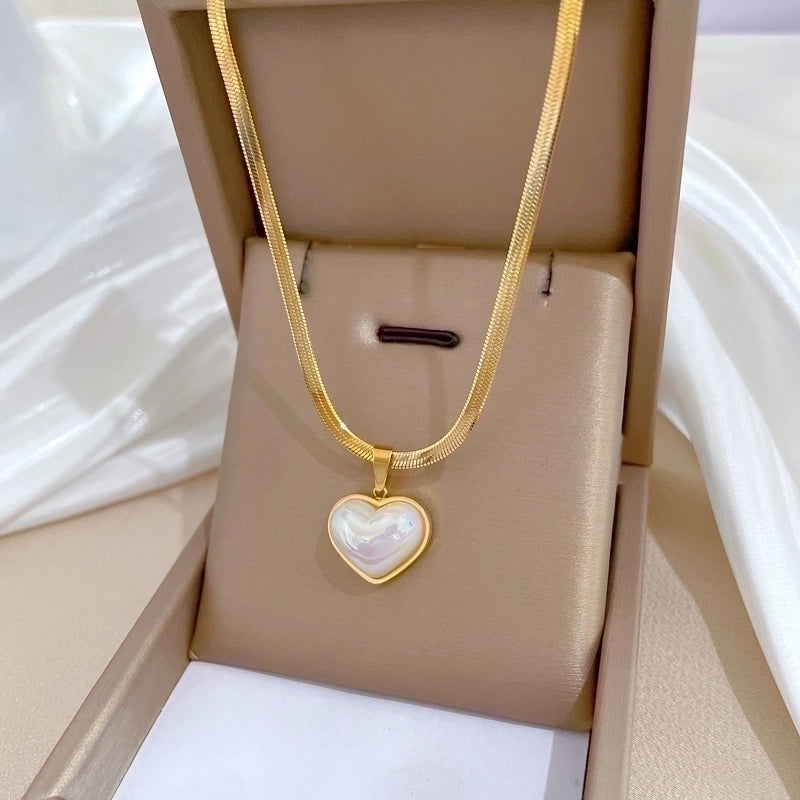 Minimalist Classic Style Heart Shape Titanium Steel Shell Inlay Pendant Necklace