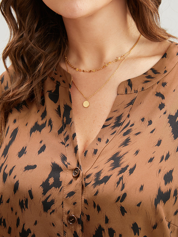 Leopard Print Button Up Split Hem V Neck Blouse