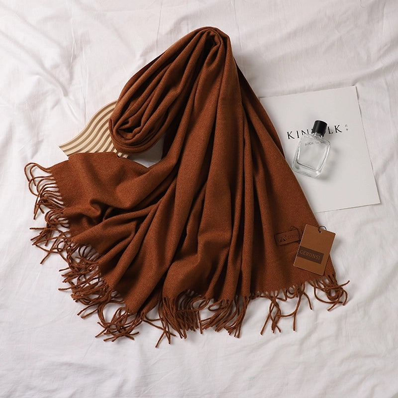 Solid Color Prickly Wool Scarf Women's 300g Ge Run Si Imitation Cashmere Thickened Scarf Japanese Style Plain Scarf For Autumn And Winter