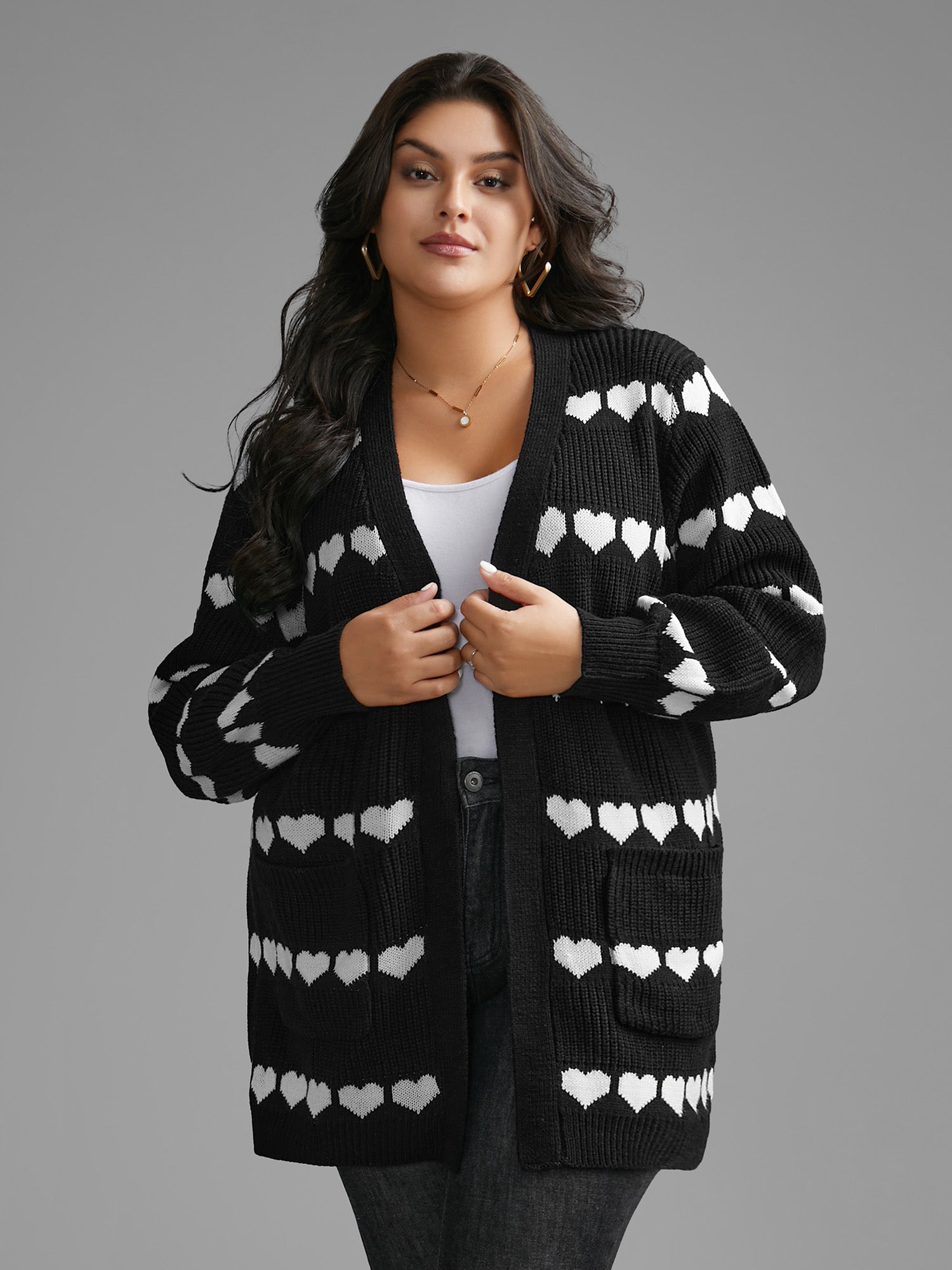 Heart Pattern Jacquard Patch Pocket Cardigan