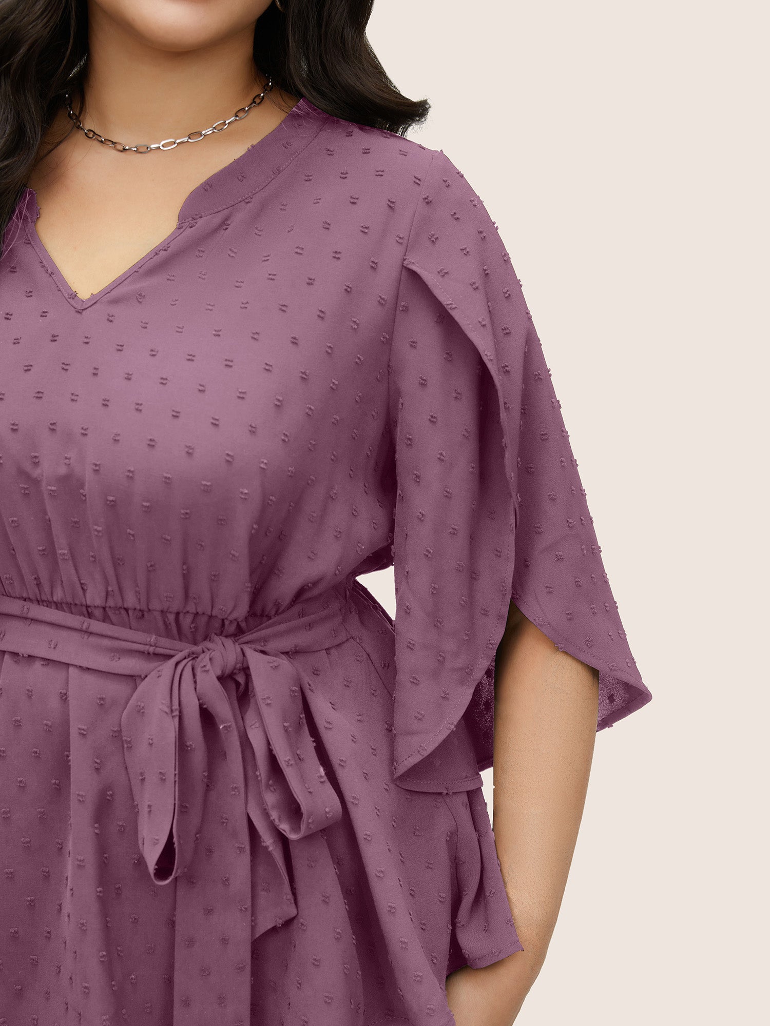 Plain Textured Petal Sleeve Ties Blouse