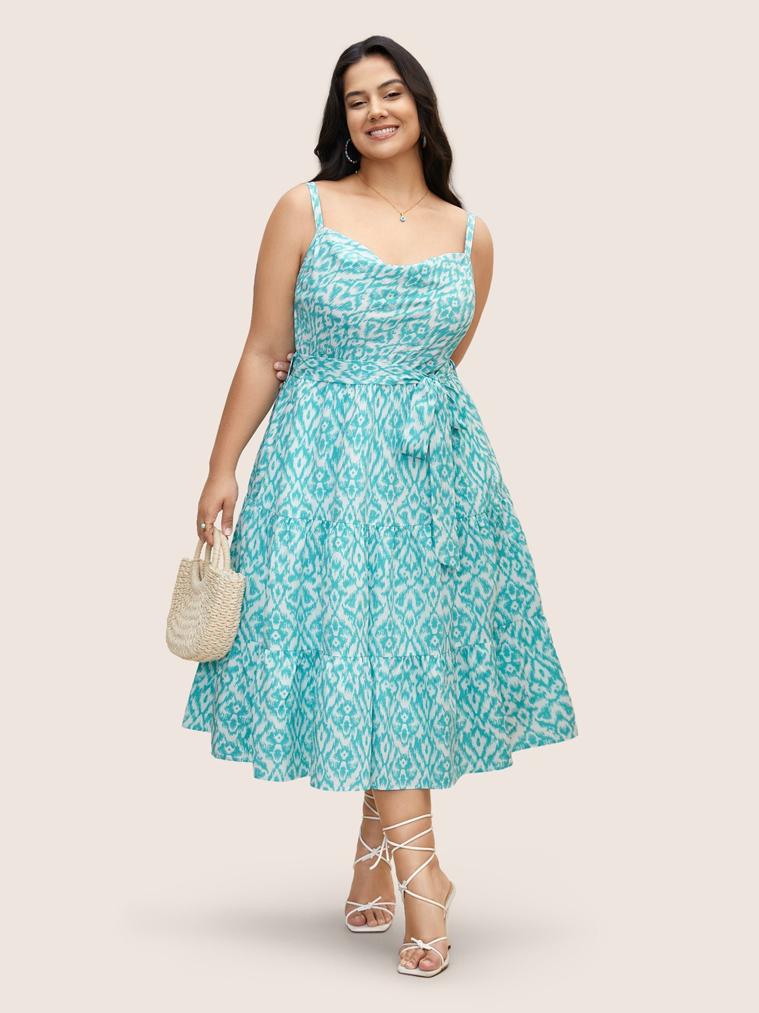 Cowl Neck Bandana Print Midi Dress