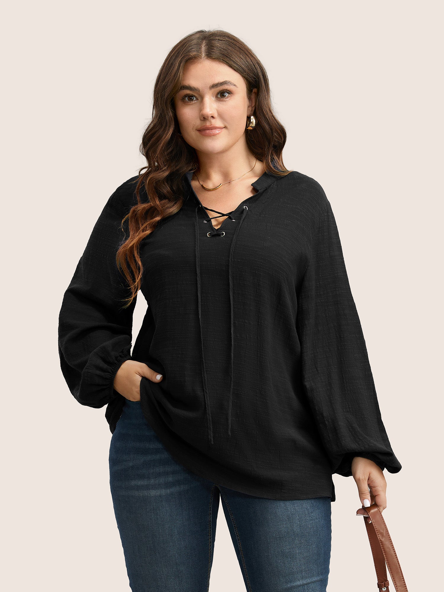 Plain Lace Up Lantern Sleeve Blouse