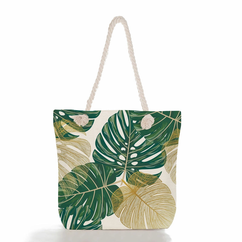 Green Leaf Printed Cotton Rope Bag Large Capacity Shoulder Bag Student Book Tote Bag Printable Logo