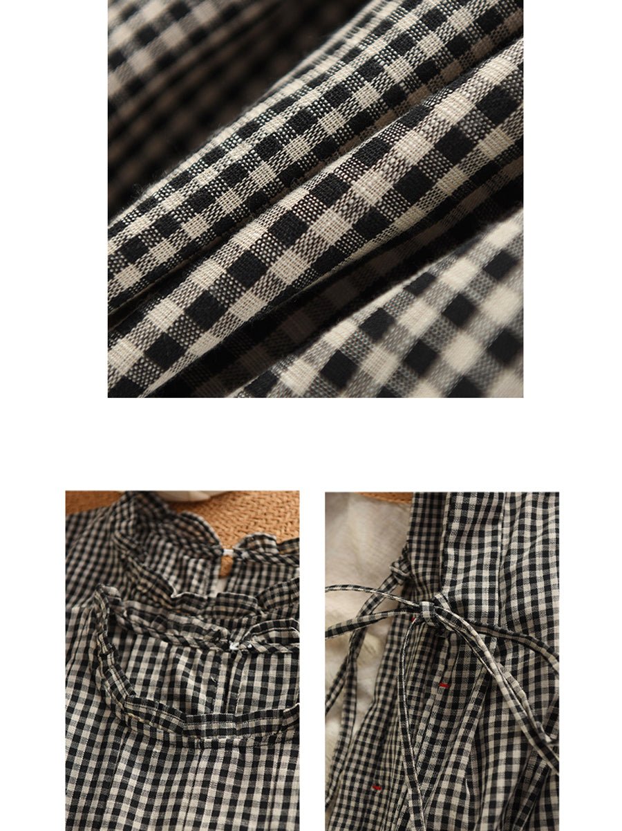 Women Summer Vintage Plaid Stand Collar 100%Cotton Dress
