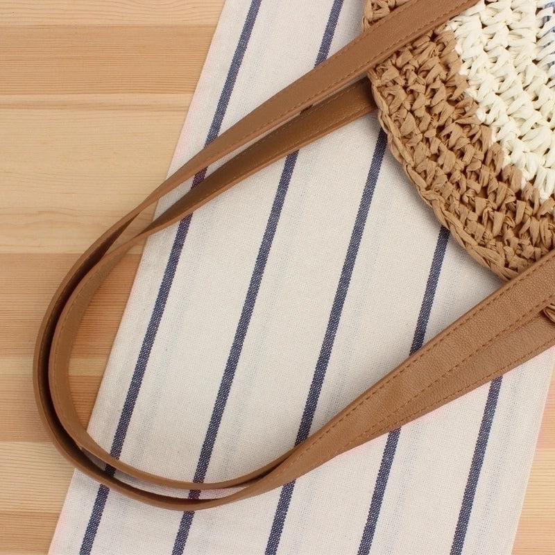 Women's Large Straw Stripe Vacation Round Zipper Straw Bag