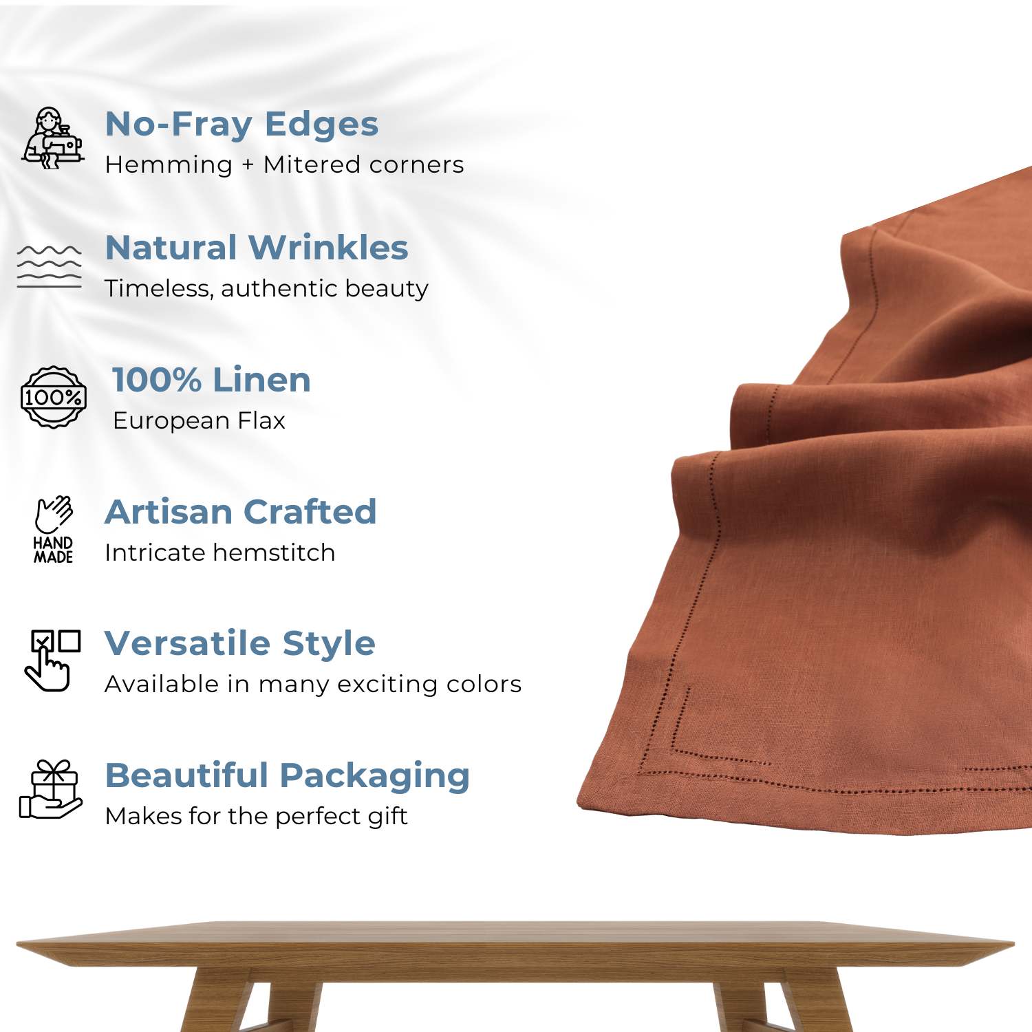 Rust 100% Linen Incomplete Hemstitch Table Runner 72