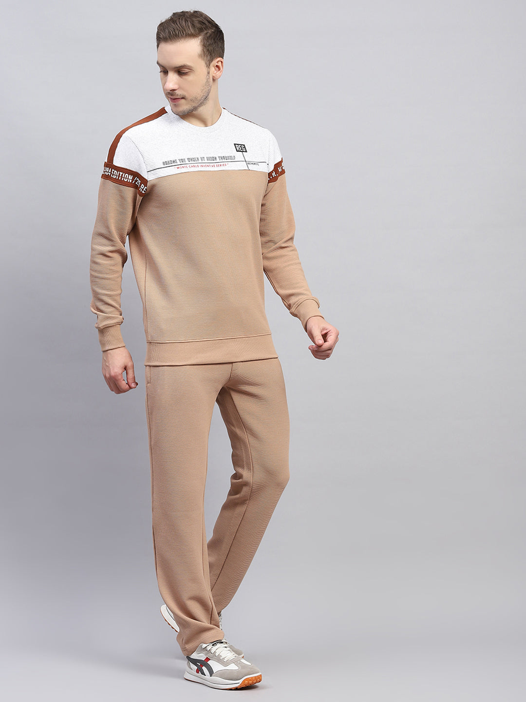 Men Beige Printed Round Neck Full Sleeve Winter Tracksuit