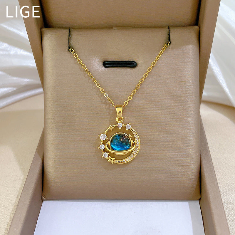Starry Sky Stars Moon Full Diamond Gorgeous Full Diamond Necklace Female Versatile Clavicle Chain Titanium Steel