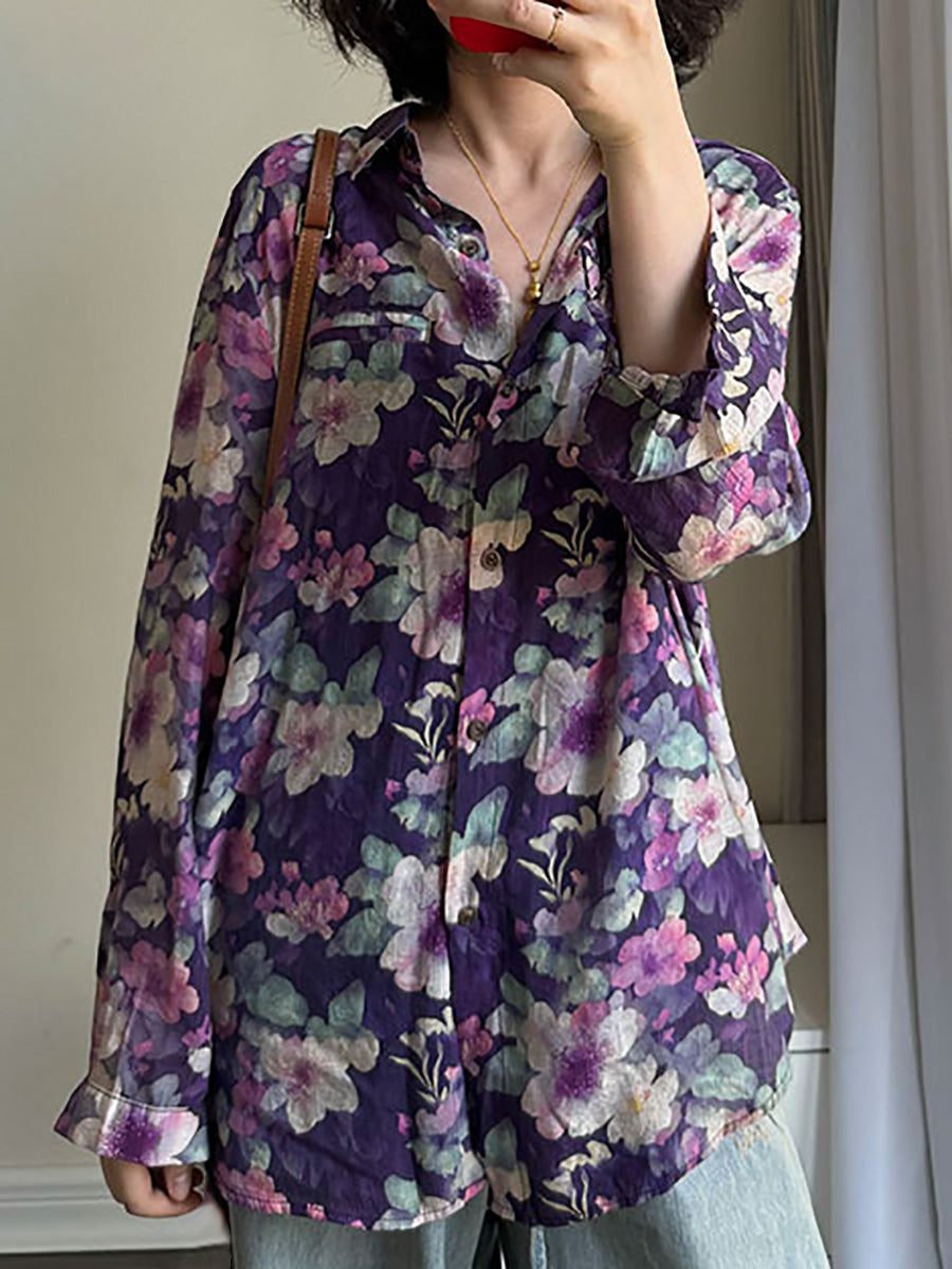 Women Summer Artsy Flower Turn-down Collar Long Sleeve Shirt