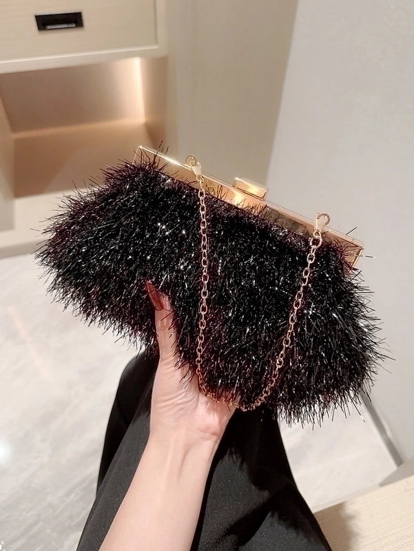 Black Pu Leather Solid Color Sequins Square Tassel Evening Bags