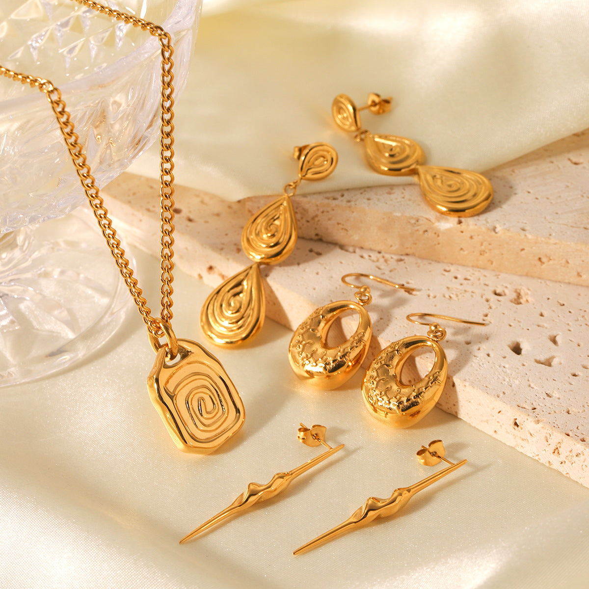 Stainless Steel Relief Thread Irregular Pendant Necklace Design Casting Titanium Steel Earrings
