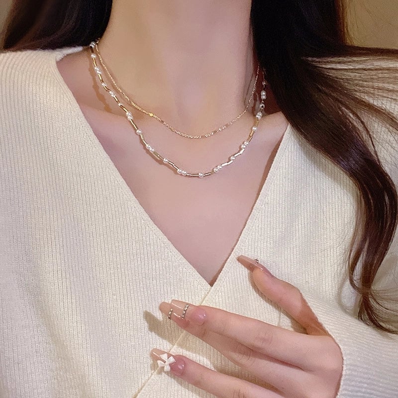 Fashion Heart Shape Titanium Steel Beaded Zircon Layered Necklaces 1 Piece