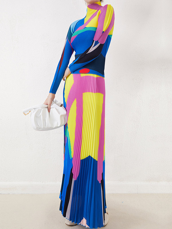 Long Sleeves Contrast Color Pleated Mock Neck T-Shirts Tops