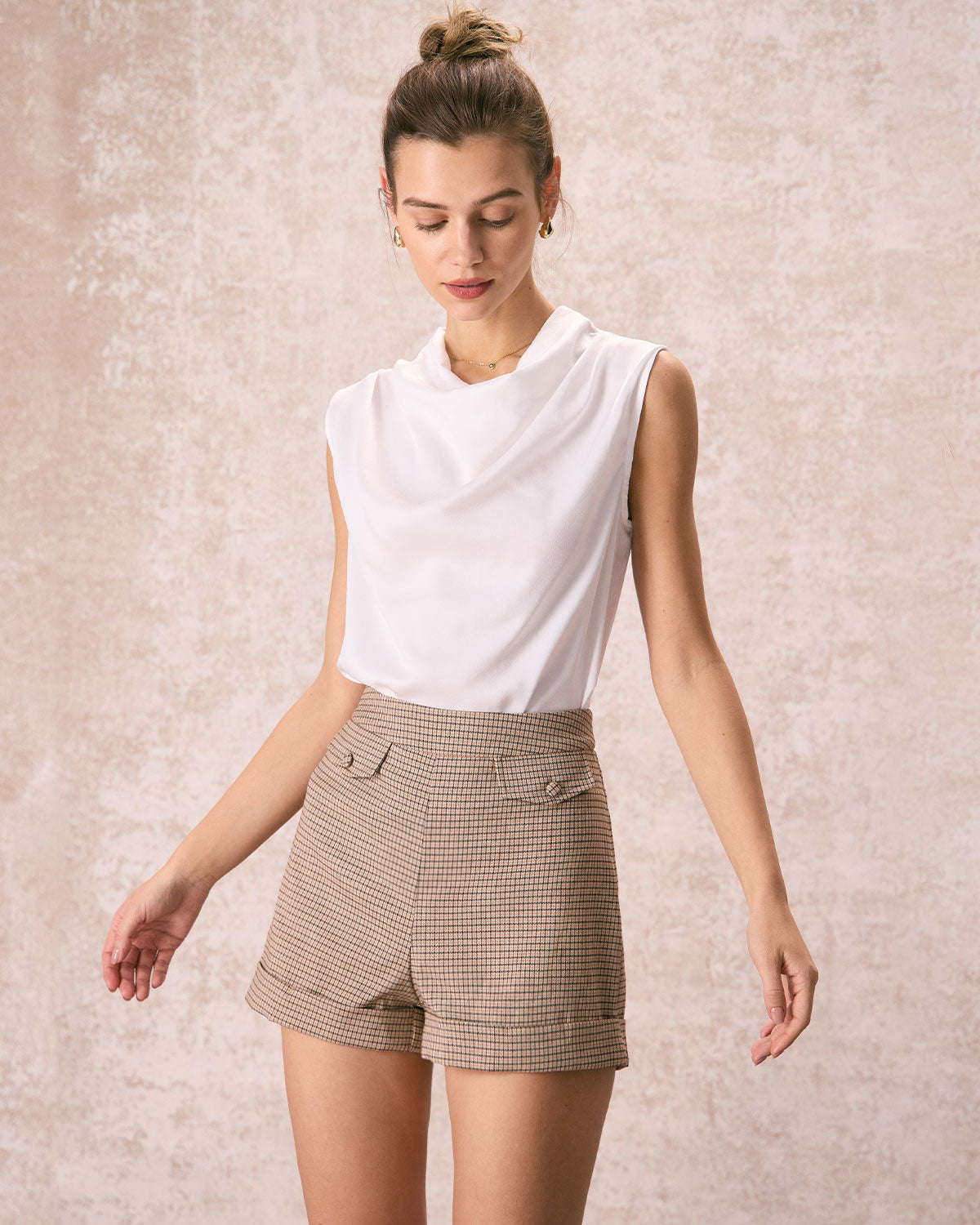 The Khaki High Waisted Plaid Cuffed Shorts