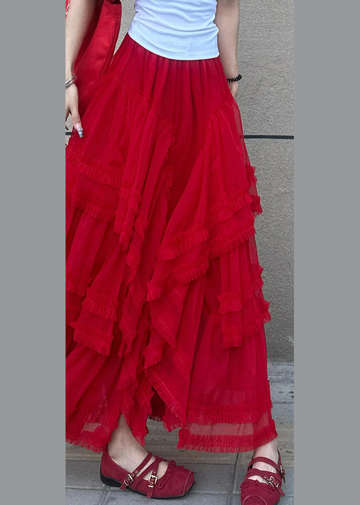 Style Red Elastic Waist Tulle Maxi Cake Skirt Summer