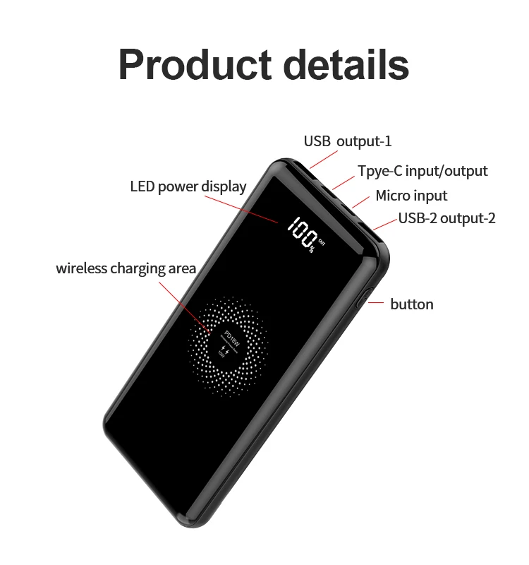 Outdoor 15w Charger 22.5w Pd Quick Powerbank 12v 10000mah Mirror Digital Display Fast Charging Power Bank Power Banks