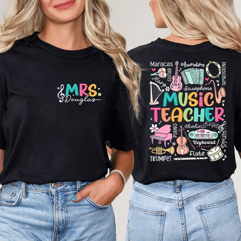 Personalized Music Teacher's Name  Cute Musical Instrument Icons Teacher Two Sided T-Shirt