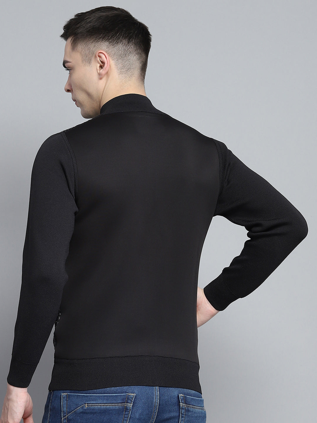 Men Black Self Design Mock Neck Full Sleeve Pullover