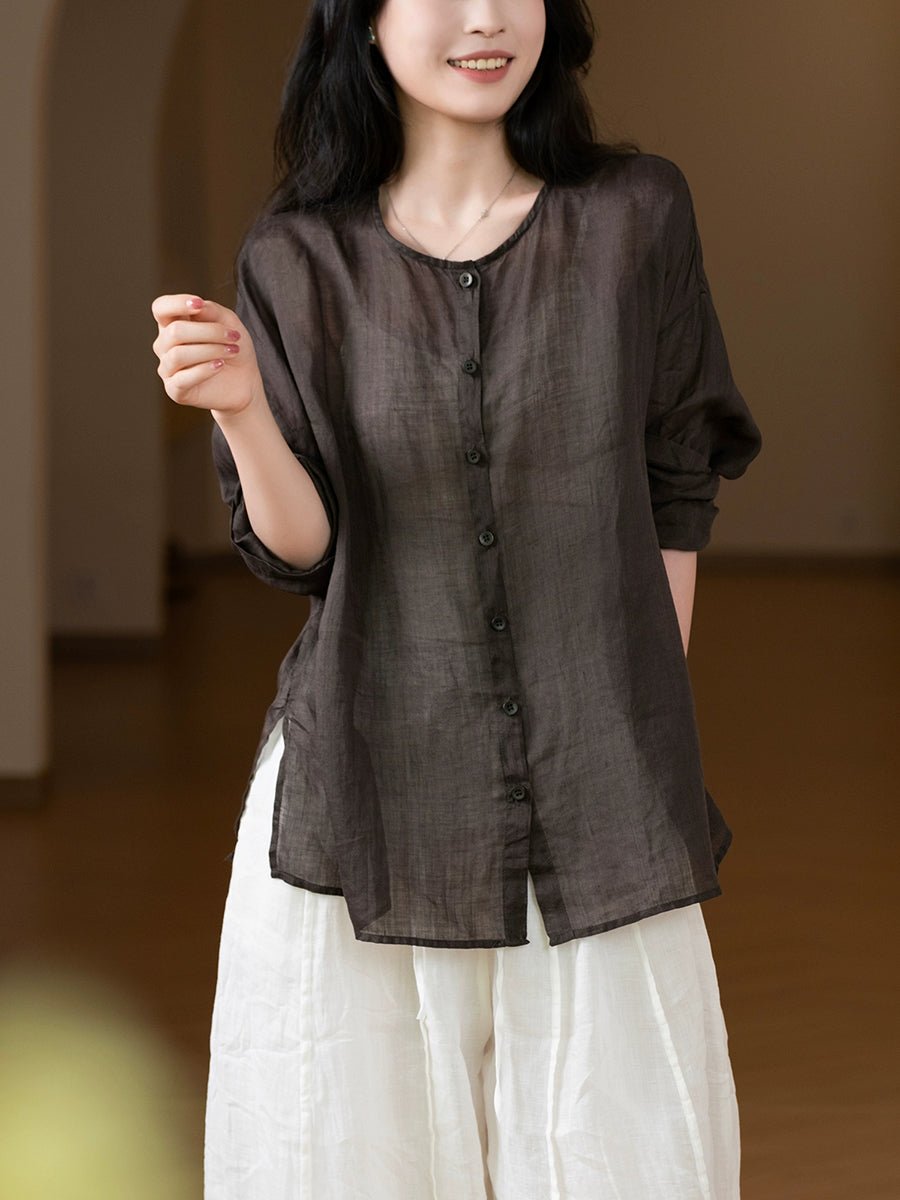 Women Summer Vintage Pure Color O-Neck 100%Ramie Shirt