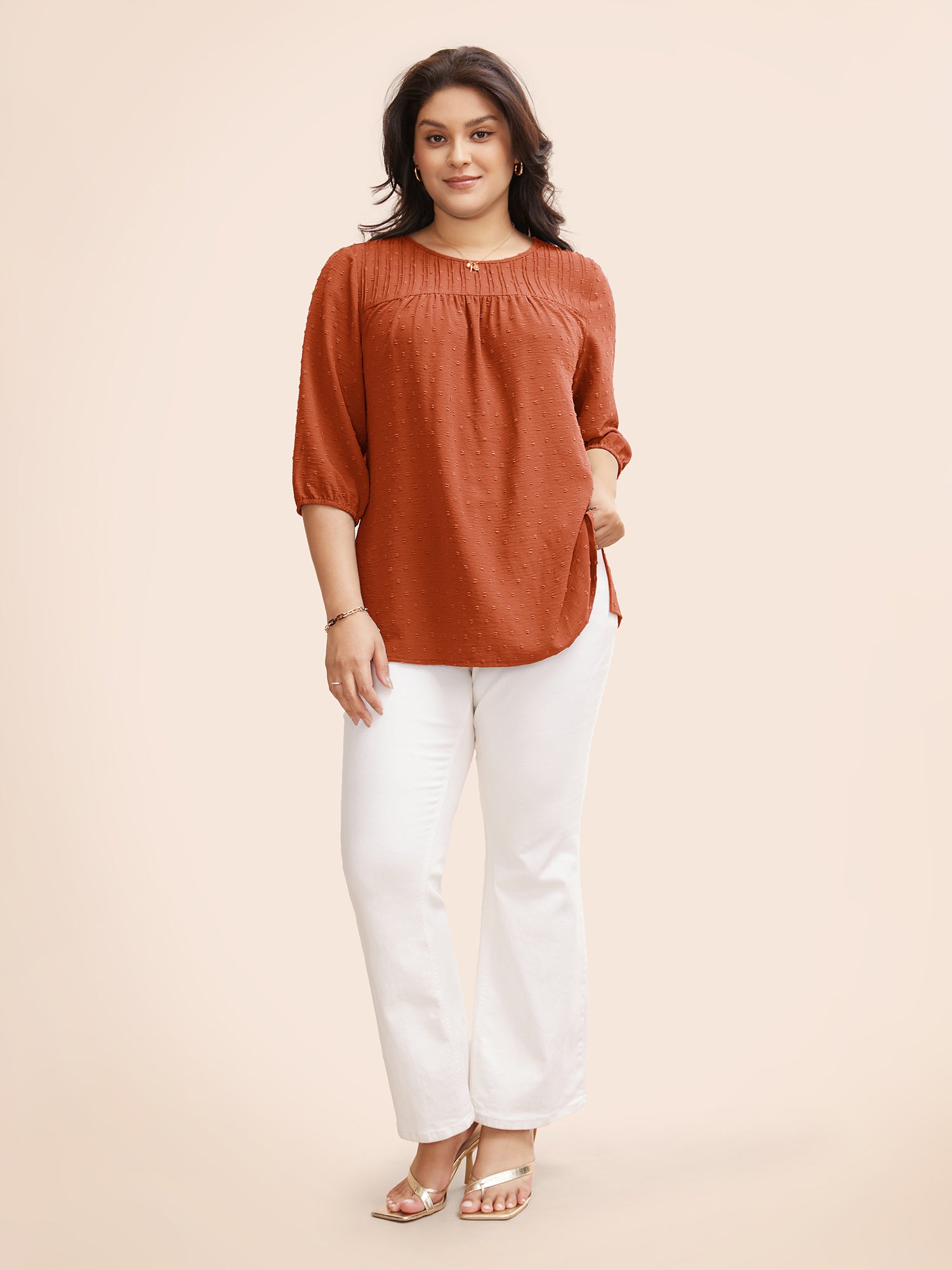 Texture Round Neck Pleated Lantern Sleeve Blouse