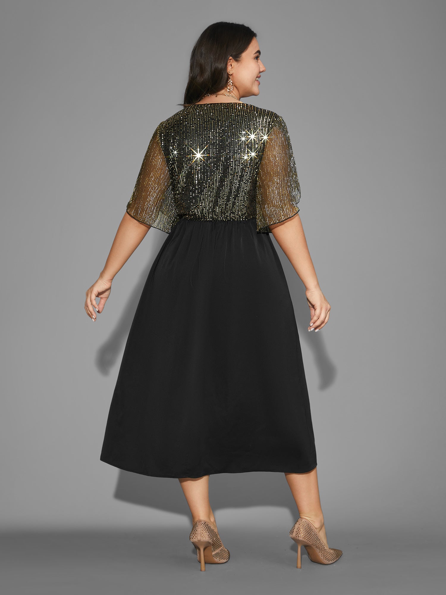 Sequin Mesh Petal Sleeve Midi Dress