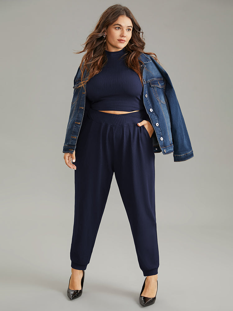 Crossover Plain Texture High Rise Pants