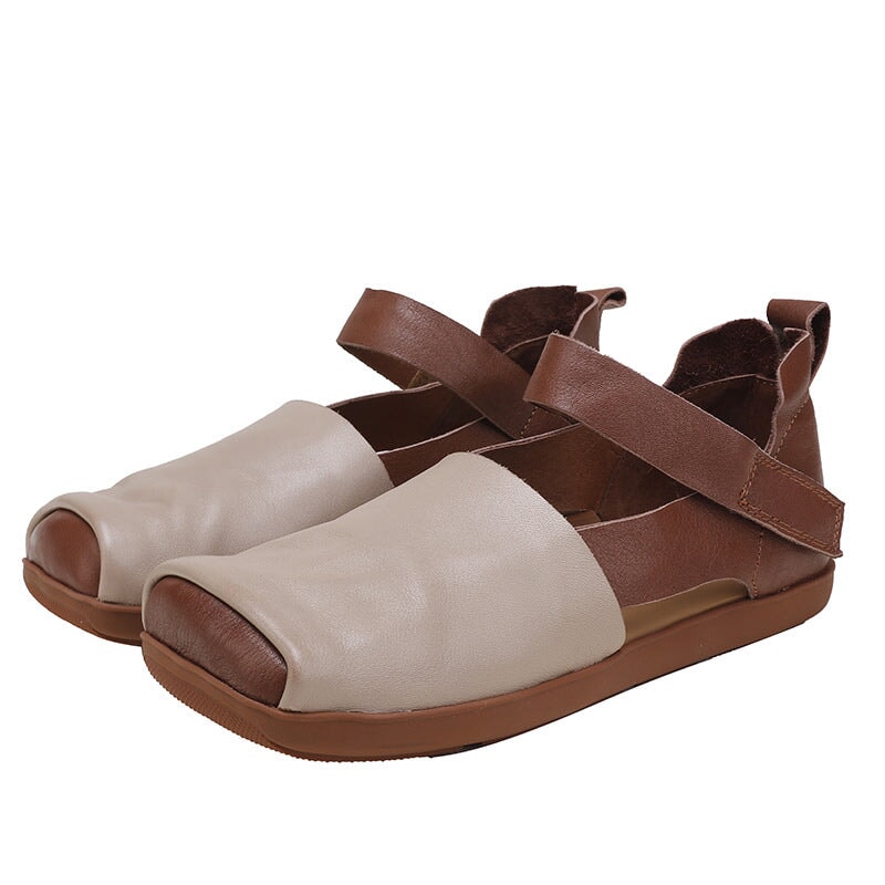 Leather Sandals Square Toe Touch-strap in Brown/Beige/Black
