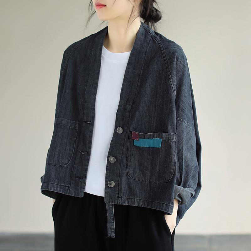 Women Denim Black Coats V Neck Button Down Spring Coats