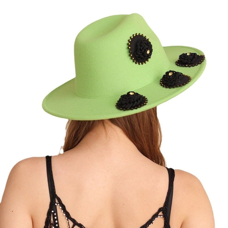 Hat Woolen Hat Ladies Solid Color Jazz Hat Flower Green Festival Felt Hat