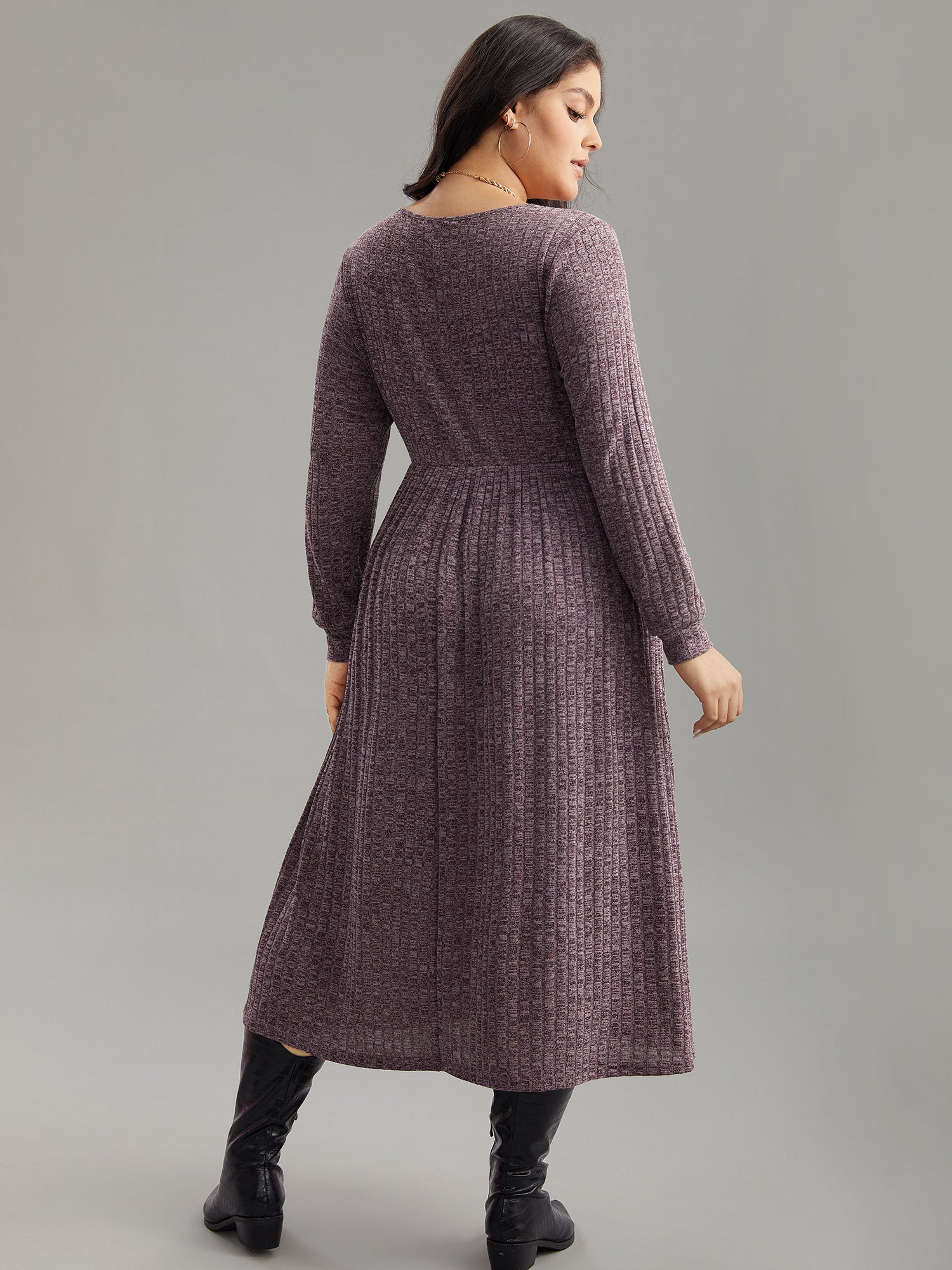 Rib Knit Plain Plisse Long Sleeve Dress