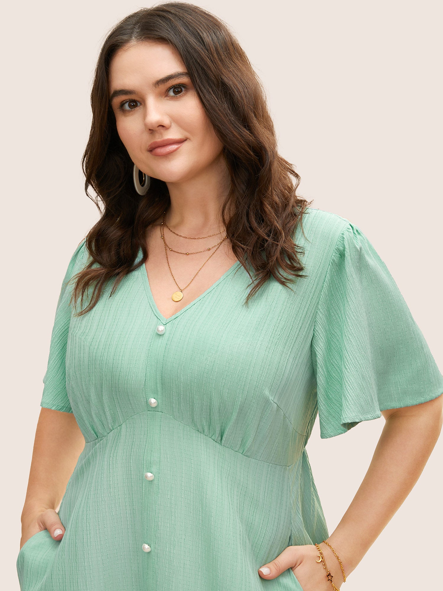 V Neck Button Detail Flutter Sleeve Dress