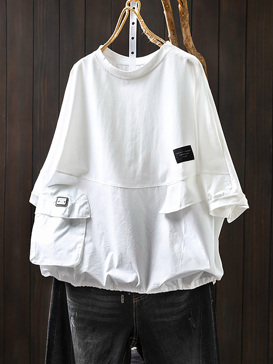 Women Summer Pocket Pure Color O-Neck Cotton Shirt