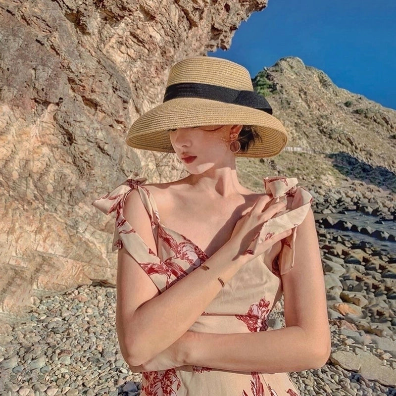 Women's Pastoral Solid Color Bowknot Wide Eaves Straw Hat