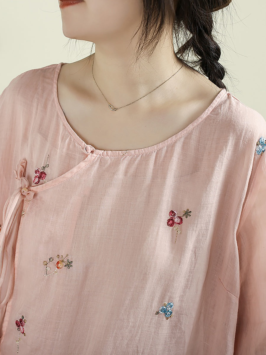 Women Summer Vintage Floral Embroidery 100%Raime Shirt
